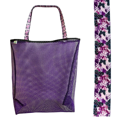 Vibrant purple mesh bag with choice of colorful handles Generous size: 23