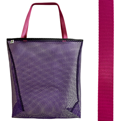 Vibrant purple mesh bag with choice of colorful handles Generous size: 23