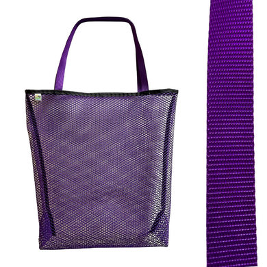 Vibrant purple mesh bag with choice of colorful handles Generous size: 23