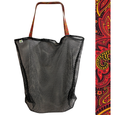 Made to haul all your beach necessities, you will love this bag!  This durable bag is perfect for trips to the beach, park, or local sporting event.  Sturdy black mesh bag with choice of colorful handles Generous size of 23