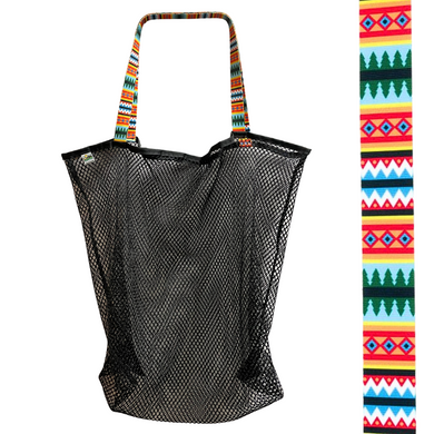 Made to haul all your beach necessities, you will love this bag!  This durable bag is perfect for trips to the beach, park, or local sporting event.  Sturdy black mesh bag with choice of colorful handles Generous size of 23