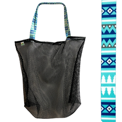 Made to haul all your beach necessities, you will love this bag!  This durable bag is perfect for trips to the beach, park, or local sporting event.  Sturdy black mesh bag with choice of colorful handles Generous size of 23