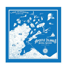 Load image into Gallery viewer, This design features points of interests around the Apostle Islands National Lakeshore and the Bayfield peninsula. 22” square and now available in 3  colors (red is sold out).   Designed by Washburn Wisconsin Artist, Bemused Design Not to be used for navigational purposes