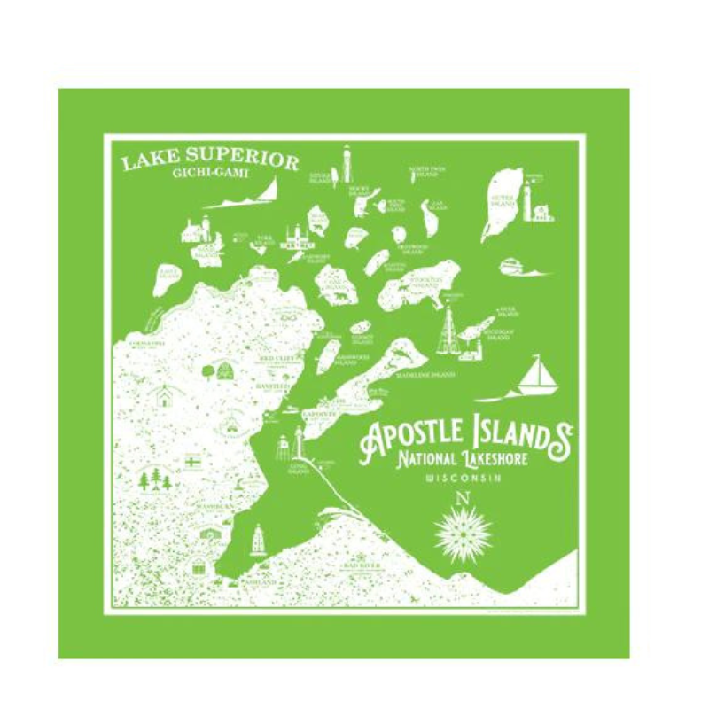 This design features points of interests around the Apostle Islands National Lakeshore and the Bayfield peninsula. 22” square and now available in 3  colors (red is sold out).   Designed by Washburn Wisconsin Artist, Bemused Design Not to be used for navigational purposes