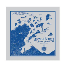 Load image into Gallery viewer, This design features points of interests around the Apostle Islands National Lakeshore and the Bayfield peninsula. 22” square and now available in 3  colors (red is sold out).   Designed by Washburn Wisconsin Artist, Bemused Design Not to be used for navigational purposes