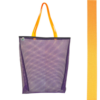 Vibrant purple mesh bag with choice of colorful handles Generous size: 23