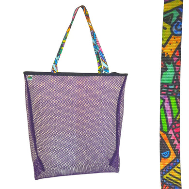 Vibrant purple mesh bag with choice of colorful handles Generous size: 23