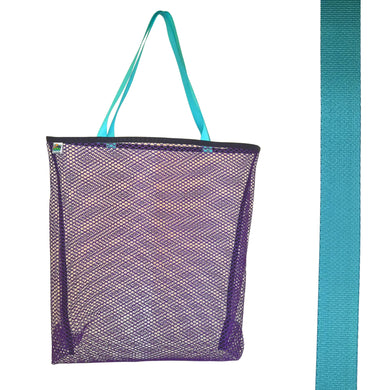 Vibrant purple mesh bag with choice of colorful handles Generous size: 23