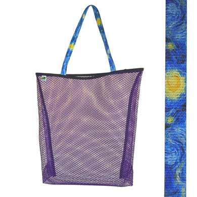 Vibrant purple mesh bag with choice of colorful handles Generous size: 23