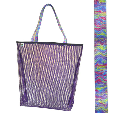 Vibrant purple mesh bag with choice of colorful handles Generous size: 23