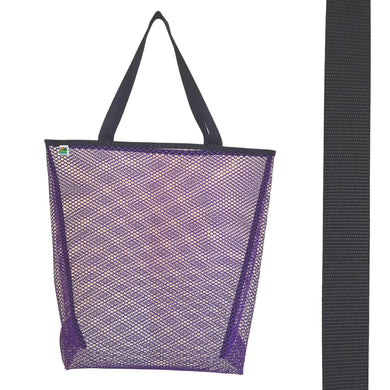 Vibrant purple mesh bag with choice of colorful handles Generous size: 23