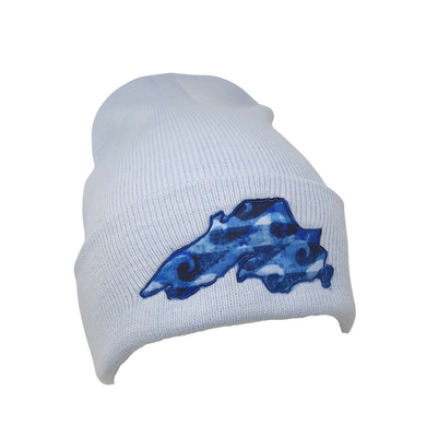 This beanie will keep you warm while showing off your love for the big lake. Super stretchy knit One size fits most Embroidered in our Washburn, Wisconsin sewing studio Materials: 60% recycled polyester/40% acrylic